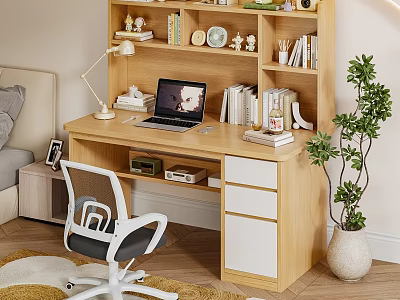 Home Office Wooden Desk and White Chair Set With Laptop Lamp Books and Potted Plant 3d model