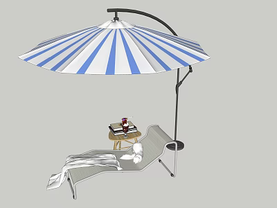 Outdoor Lounge Chair With Blue And White Striped Umbrella And Side Table 3d model
