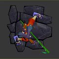 Game Movie Character With Purple Hair Twin Tails Red Pants Green Staff And Stone Slab Base