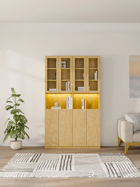 Wooden Bookcase With Glass Doors Open Shelves Closed Cabinets And Green Plant In Living Room 3d model 