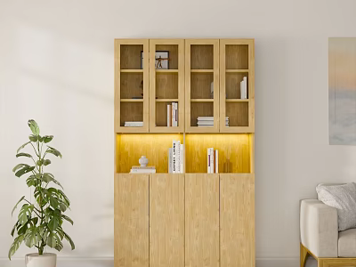 Wooden Bookcase With Glass Doors Open Shelves Closed Cabinets And Green Plant In Living Room 3d model