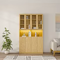 Wooden Bookcase With Glass Doors Open Shelves Closed Cabinets And Green Plant In Living Room