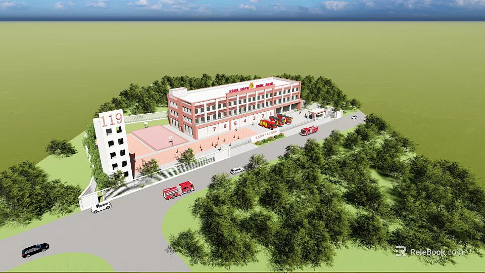 Modern 119 Fire Station Exterior With Red Fire Trucks And Green Trees 3d model 