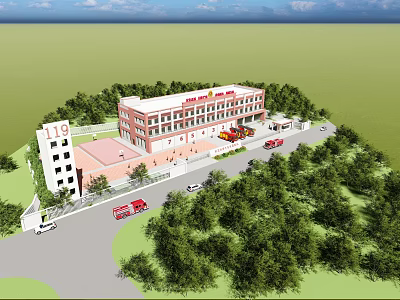 Modern 119 Fire Station Exterior With Red Fire Trucks And Green Trees 3d model