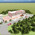 Modern 119 Fire Station Exterior With Red Fire Trucks And Green Trees