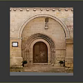 Traditional Stone Building Entrance With Arched Doorway Wooden Door Steps And Flower Pots