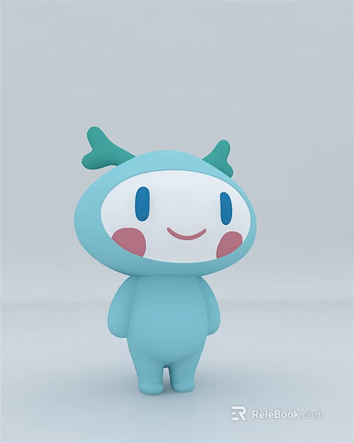Cute Light Blue Plush Doll With Green Horns Pink Cheeks And Blue Eyes 3d model 