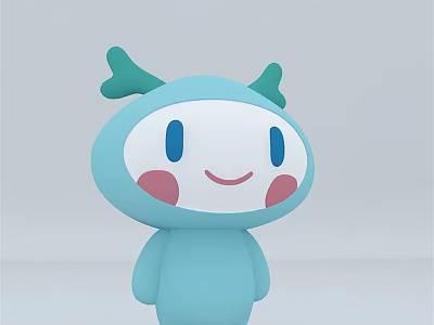 Cute Light Blue Plush Doll With Green Horns Pink Cheeks And Blue Eyes 3d model
