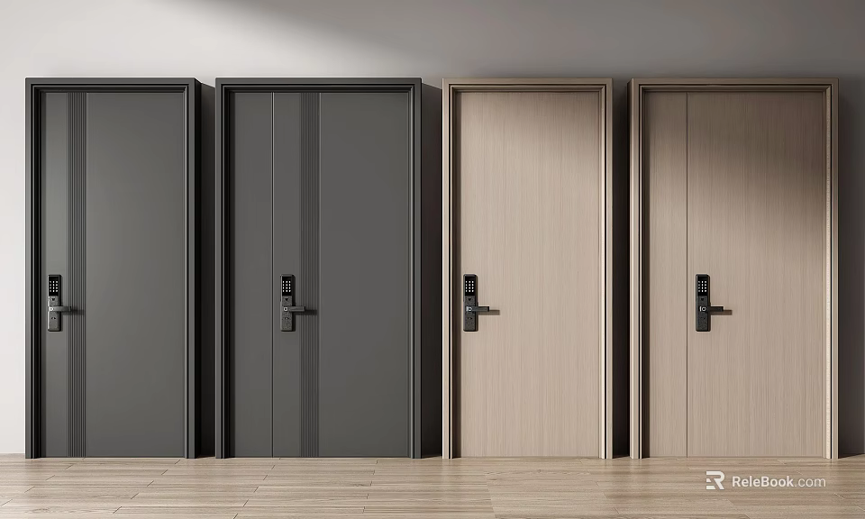 Modern Security Doors In Multiple Styles With Black And Light Wood Finishes 3d model 
