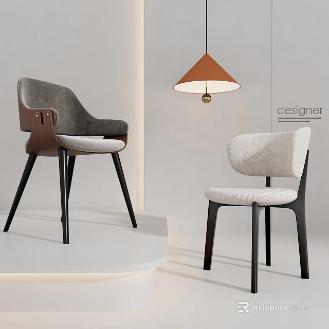 Modern Designer Accent Chairs With Gray Fabric And Brown Leather Minimalist Design 3d model 