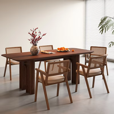 Wooden Dining Table Set With Woven Chairs Vase And Oranges In Bright Interior 3d model