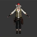 A Man Wearing Red Cap Glasses Vest Pants and Tool Belt Standing with Arms Outstretched