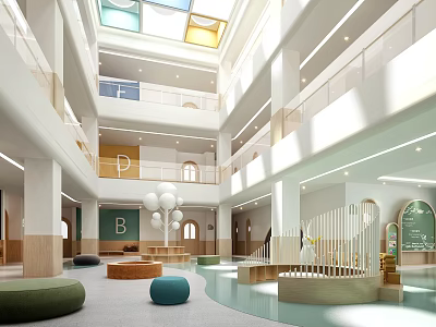 Kindergarten Indoor Atrium With Colorful Skylights Stairs Round Cushions Balloon Decorations And Alphabet Wall 3d model
