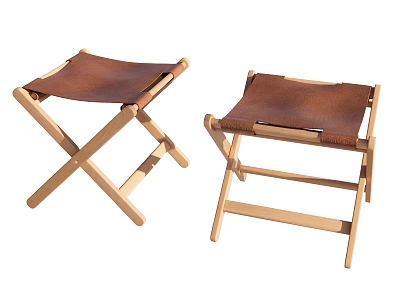 Folding Stools With Brown Leather Seats And Wooden Frame Design 3d model