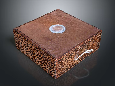 Brown Decorative Storage Box with Carved Patterns Transparent Circular Inlay and White Handle 3d model