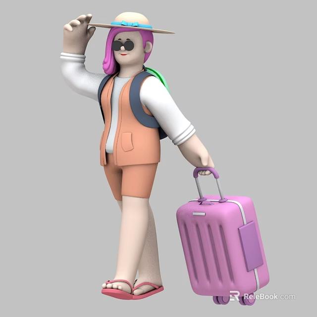 Game And Movie Character In Orange Outfit With Pink Hair Sunglasses Suitcase 3d model 