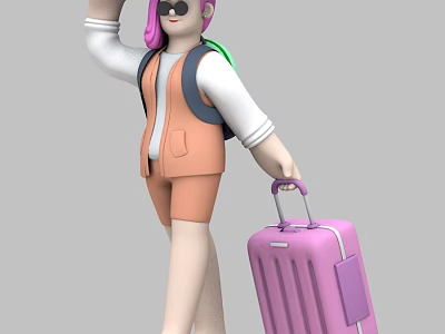 Game And Movie Character In Orange Outfit With Pink Hair Sunglasses Suitcase 3d model