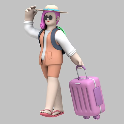 Game And Movie Character In Orange Outfit With Pink Hair Sunglasses Suitcase 3d model