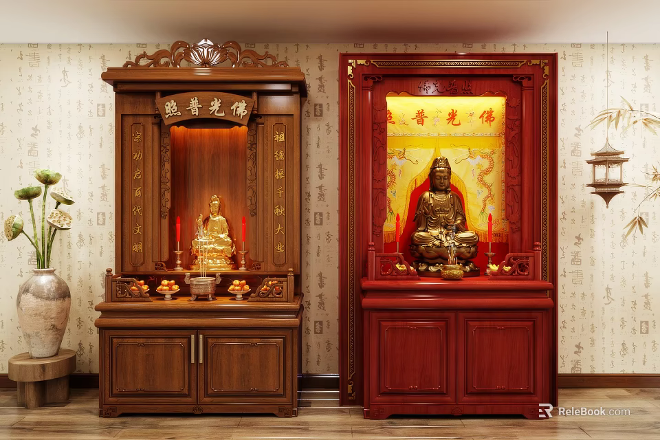 Brown and Red Traditional Wooden Buddhist Shrine Cabinets with Buddha Statues Offerings and Plaques 3d model 