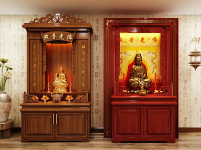 Brown and Red Traditional Wooden Buddhist Shrine Cabinets with Buddha Statues Offerings and Plaques 3d model