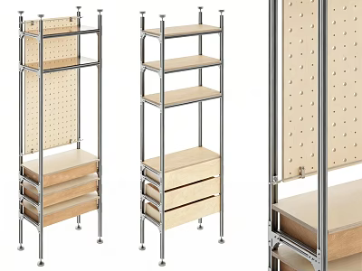 Practical Metal Frame Storage Shelf with Wooden Shelves Drawers and Pegboard Panel 3d model