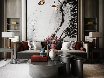 Modern Sofa and Coffee Table Set With Gray Upholstery Round Table Artwork Background Decorative Pillows 3d model