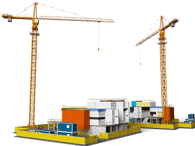 Construction Site With Two Yellow Tower Cranes And Modular Buildings Under Construction 3d model