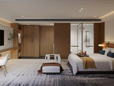Modern Hotel Room Interior With Wooden Elements Large Bed TV And Carpet 3d model