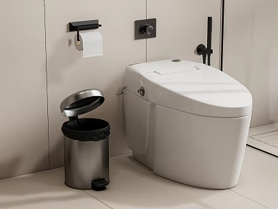 Modern White Toilet in Bathroom with Wall Mounted Toilet Paper Holder and Silver Trash Can 3d model