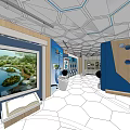 Modern Exhibition Hall Interior With Curved Design Large Screen And Natural Landscape 3d model