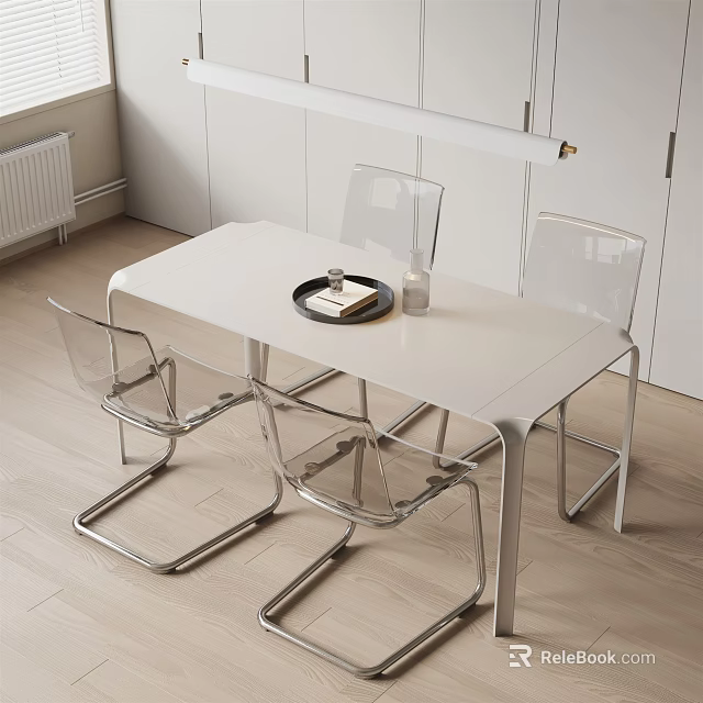 Modern Dining Set With White Table Transparent Chairs And Tray Dinnerware 3d model 
