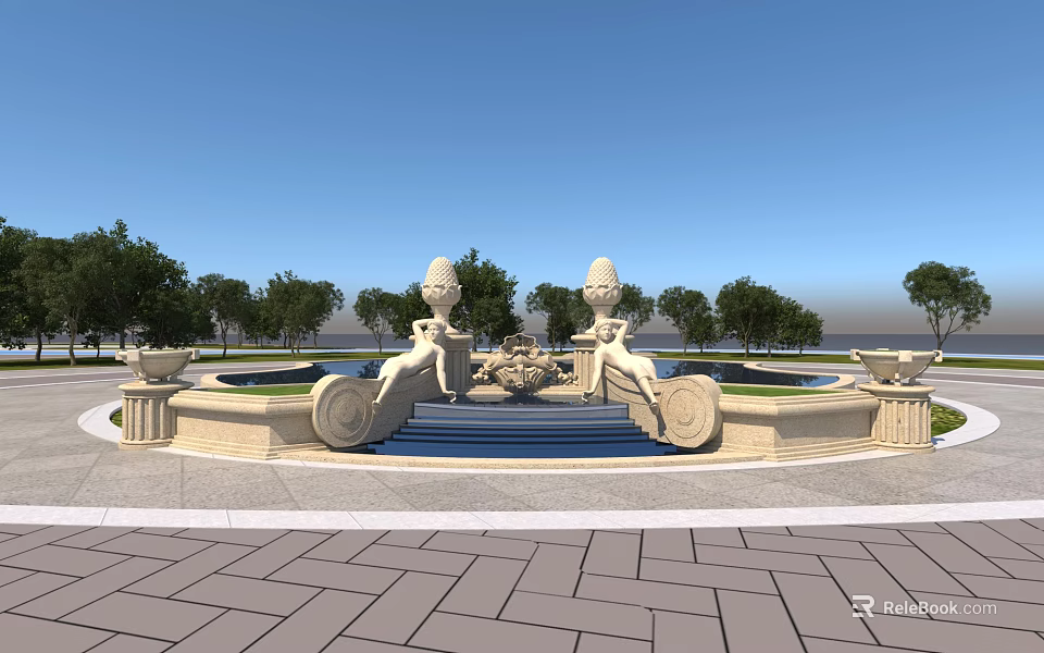 Elegant Garden Ornament with Central Fountain Sculptures Surrounding Trees and Paved Ground 3d model 