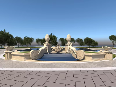 Elegant Garden Ornament with Central Fountain Sculptures Surrounding Trees and Paved Ground 3d model