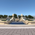 Elegant Garden Ornament with Central Fountain Sculptures Surrounding Trees and Paved Ground