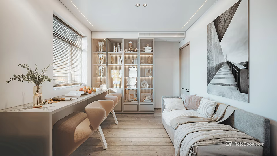 Modern Study Room Interior With Wooden Desk Beige Chairs Glass Door Bookshelf And Cozy Sofa 3d model 