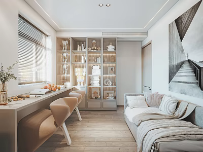 Modern Study Room Interior With Wooden Desk Beige Chairs Glass Door Bookshelf And Cozy Sofa 3d model