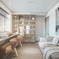 Modern Study Room Interior With Wooden Desk Beige Chairs Glass Door Bookshelf And Cozy Sofa