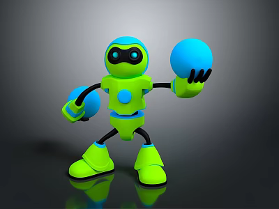 Green Robot Character Holding Blue Balls In Standing Pose On Dark Shiny Background 3d model