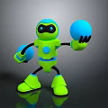 Green Robot Character Holding Blue Balls In Standing Pose On Dark Shiny Background