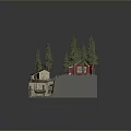 Scenic Autumn Landscape With Red Cabin Tall Pine Trees Stone Wall And Leafy Pathway