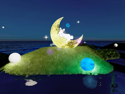 Crescent Moon Shaped Outdoor Lights With Rabbit Design For Night Garden Water Scene 3d model