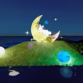 Crescent Moon Shaped Outdoor Lights With Rabbit Design For Night Garden Water Scene