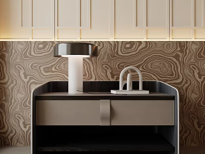 Modern Nightstand Design With Table Lamp Decorative Object Textured Wall And Cabinets 3d model