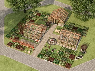 Rural Landscape Featuring Glass Greenhouses Vegetable Gardens Pathways and Trees 3d model