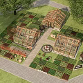 Rural Landscape Featuring Glass Greenhouses Vegetable Gardens Pathways and Trees