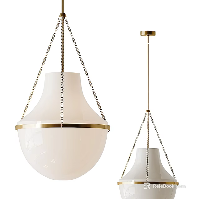 Two Modern Pendant Lights With White Glass Shade And Gold Hanging Chains 3d model 