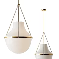 Two Modern Pendant Lights With White Glass Shade And Gold Hanging Chains