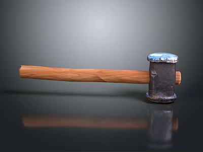 Vintage Metal Head Hammer With Wooden Handle On Reflective Black Surface 3d model