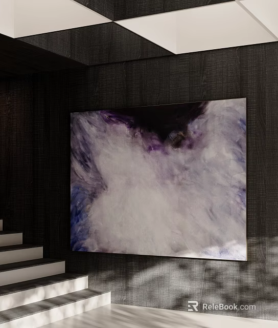 Abstract Modern Oil Painting with Purple White Blue Textured Design Hanging on Dark Wall 3d model 