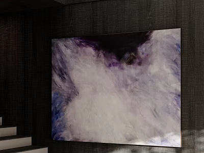 Abstract Modern Oil Painting with Purple White Blue Textured Design Hanging on Dark Wall 3d model